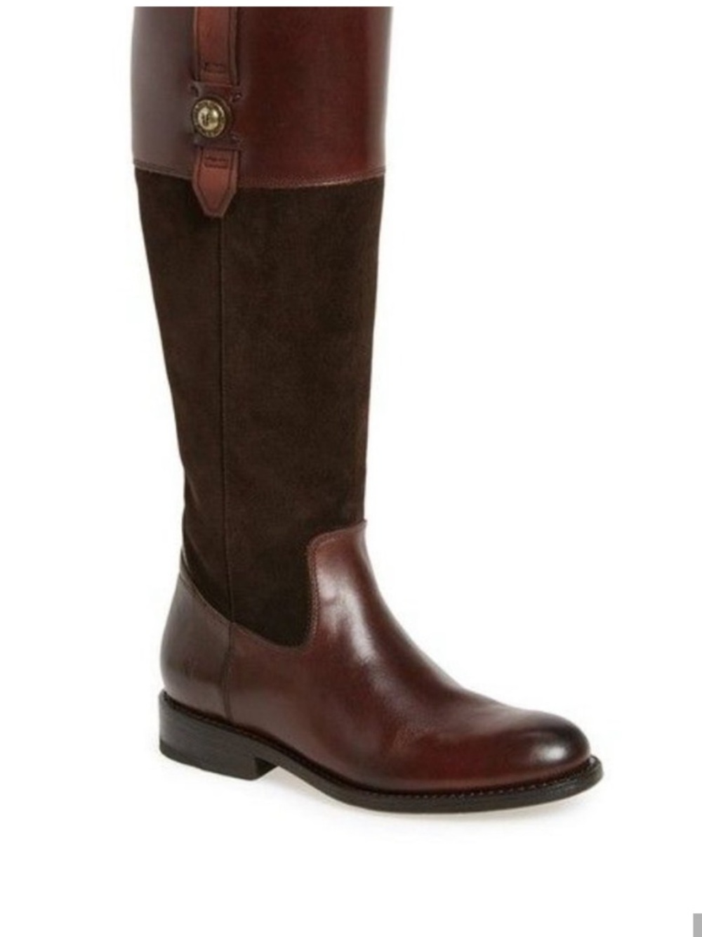 Frye Tall Button Boot in Dark Brown and Chestnut